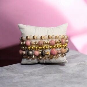 Pink Rhodonite & Frosted Agate | Gold, Crystal, Boho Handmade Beaded Bracelets